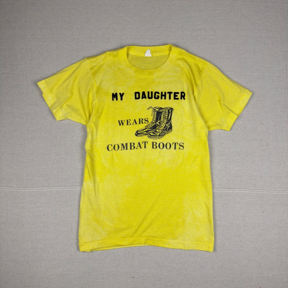 Vtg My Daughter Wears Combat Boots‎ T-Shirt Size S Yellow 80s Flocked Graphic